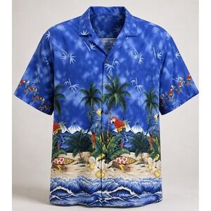 KY'S Hawaiian Shirt Mens 2XL Cotton Blue Parrot Border Print Made in Hawaii